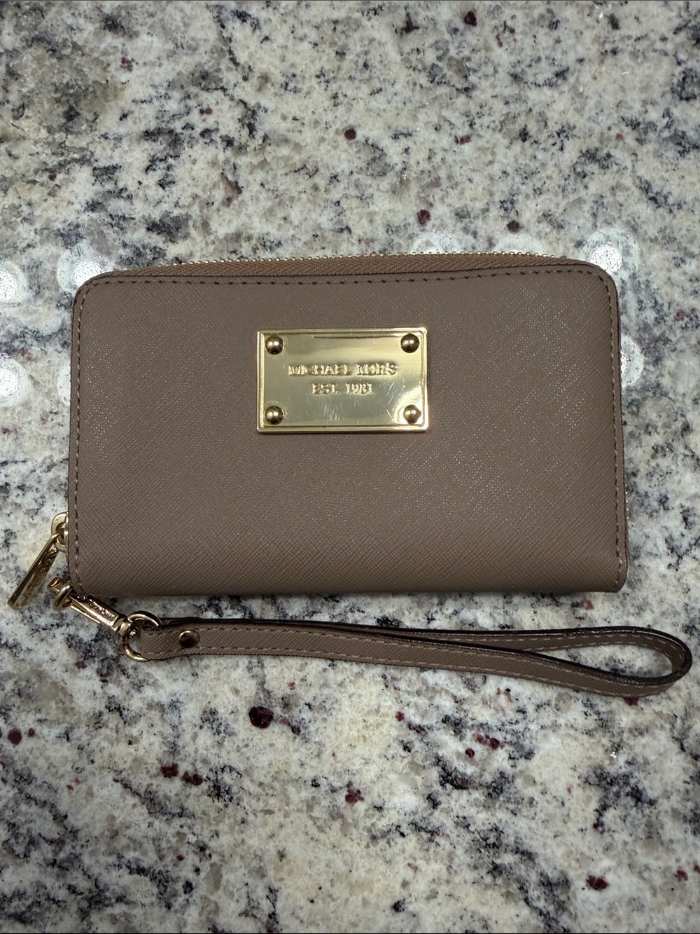 Michael Kors Taupe Saffiano Zip-Around Wristlet Wallet with Gold Plate